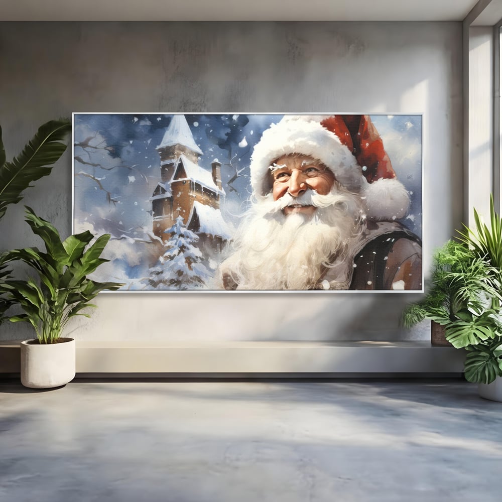 Tablou canvas cu tablou canvas cu mos craciun, in rama de aluminiu argintiu
